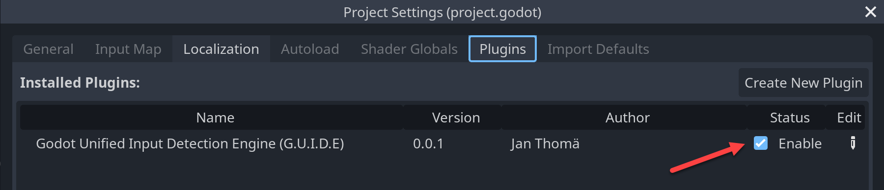 Enabling the plugin in the project settings